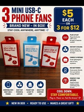 Mini USB-C Phone Fan (Red, Blue) - Portable Plug-In Cooling Accessory